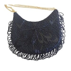 Black Beaded Vintage Purse Evening Bag Korea Double Chain Strap Lined Tassels